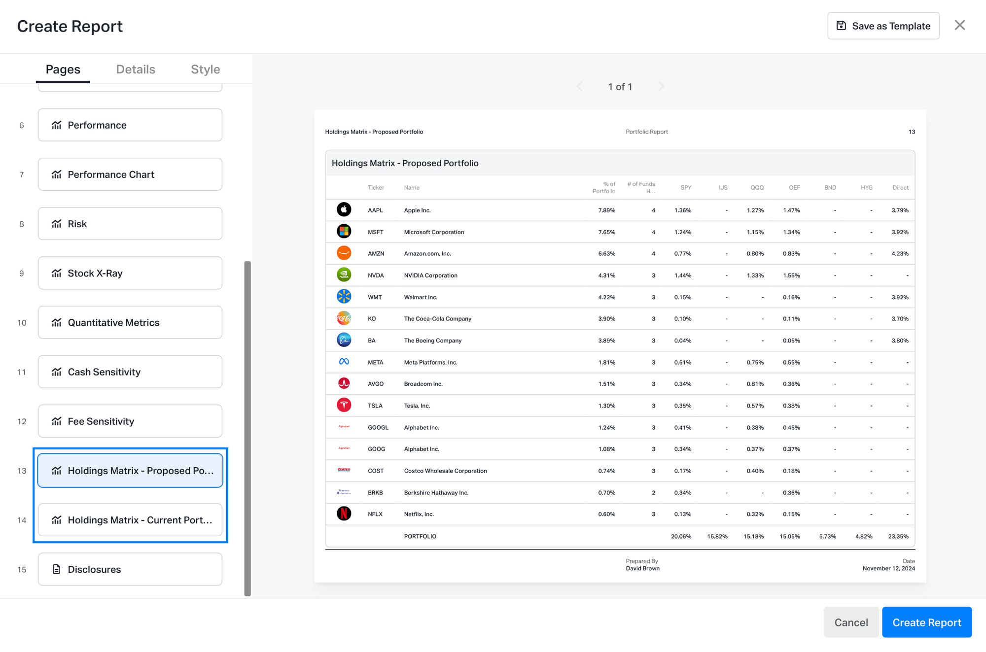 Holdings Matrix on Koyfin