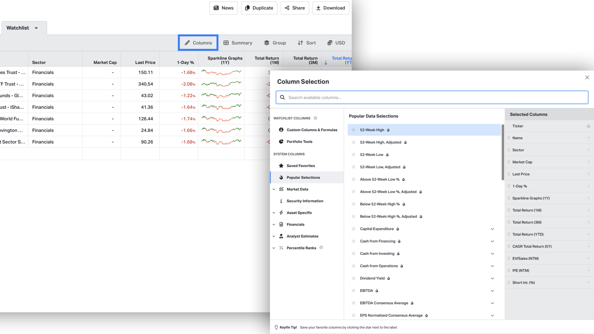 Customize Columns on Koyfin