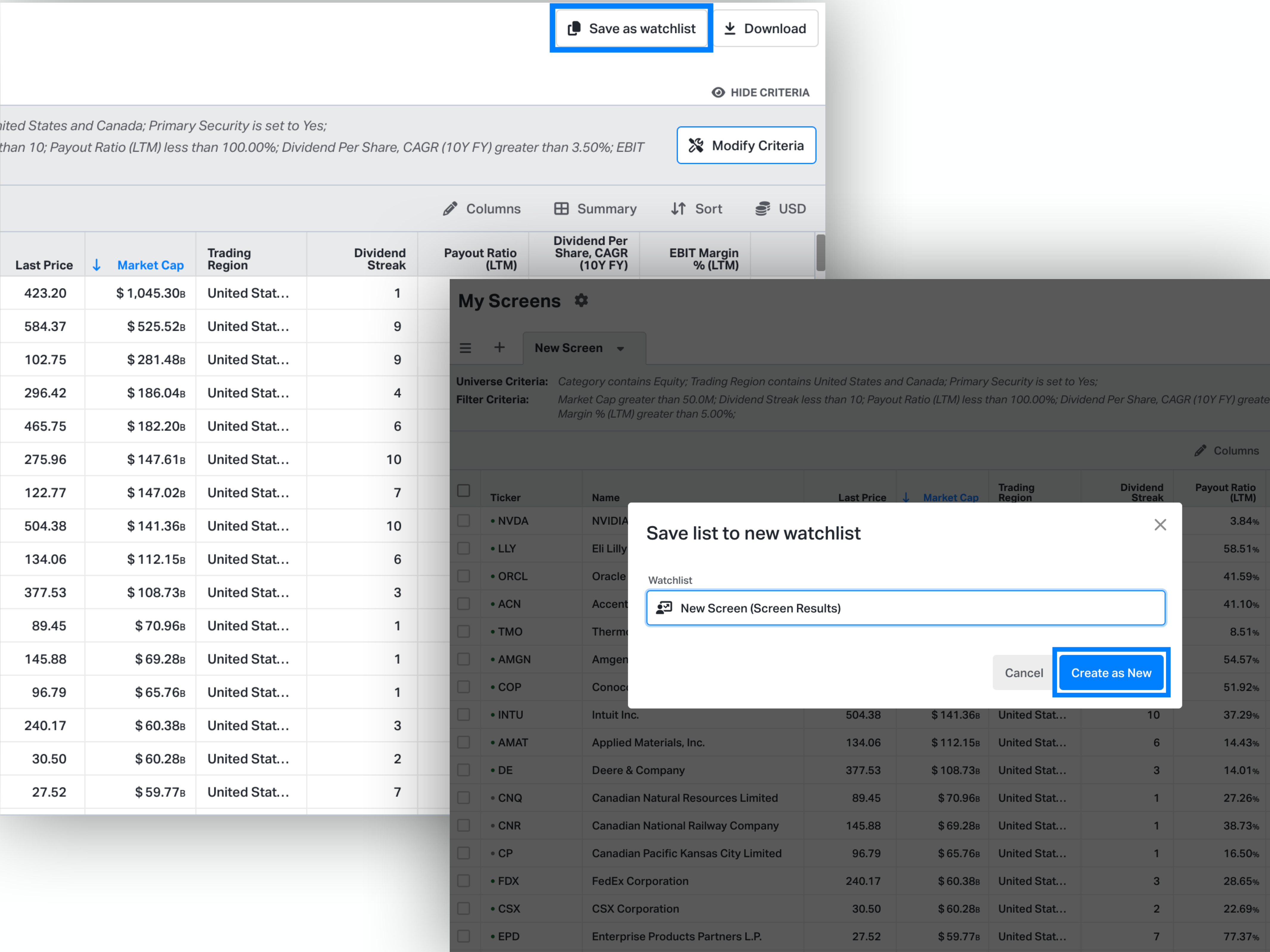 Save screener as a watchlist on Koyfin